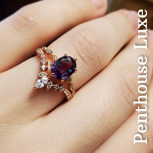 Penthouse Luxe Jewelry - REAL Alexandrite Oval Cut 925 Rose Gold Ring Set